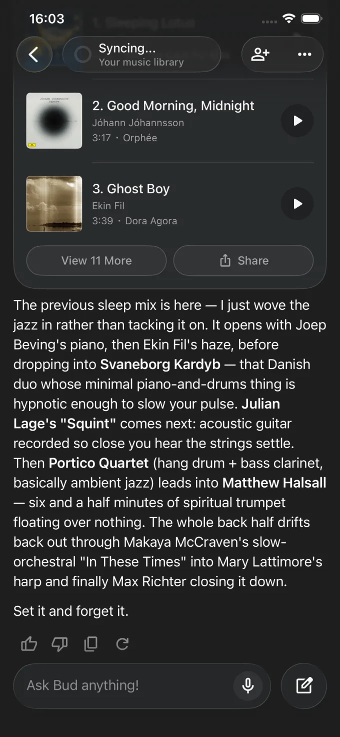 Musebud building a playlist in conversation