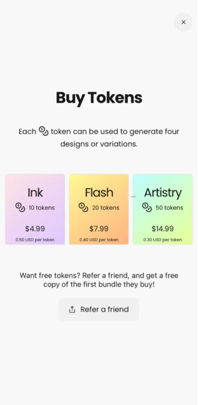 Buying tokens to generate more designs